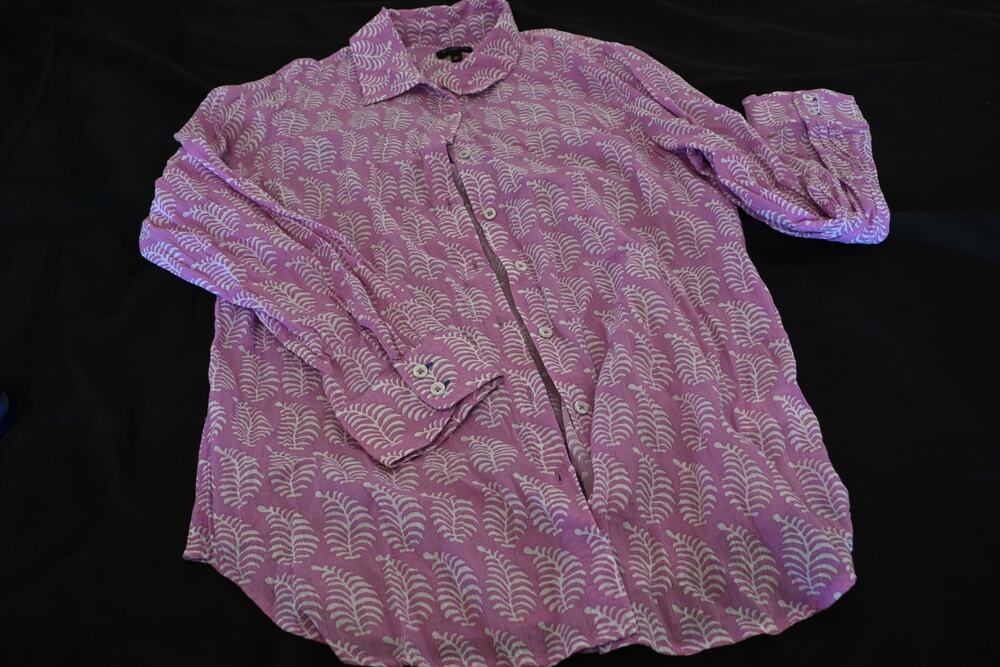 Talbots Petite Purple White Botanical Print Cotton Button Up Shirt MP